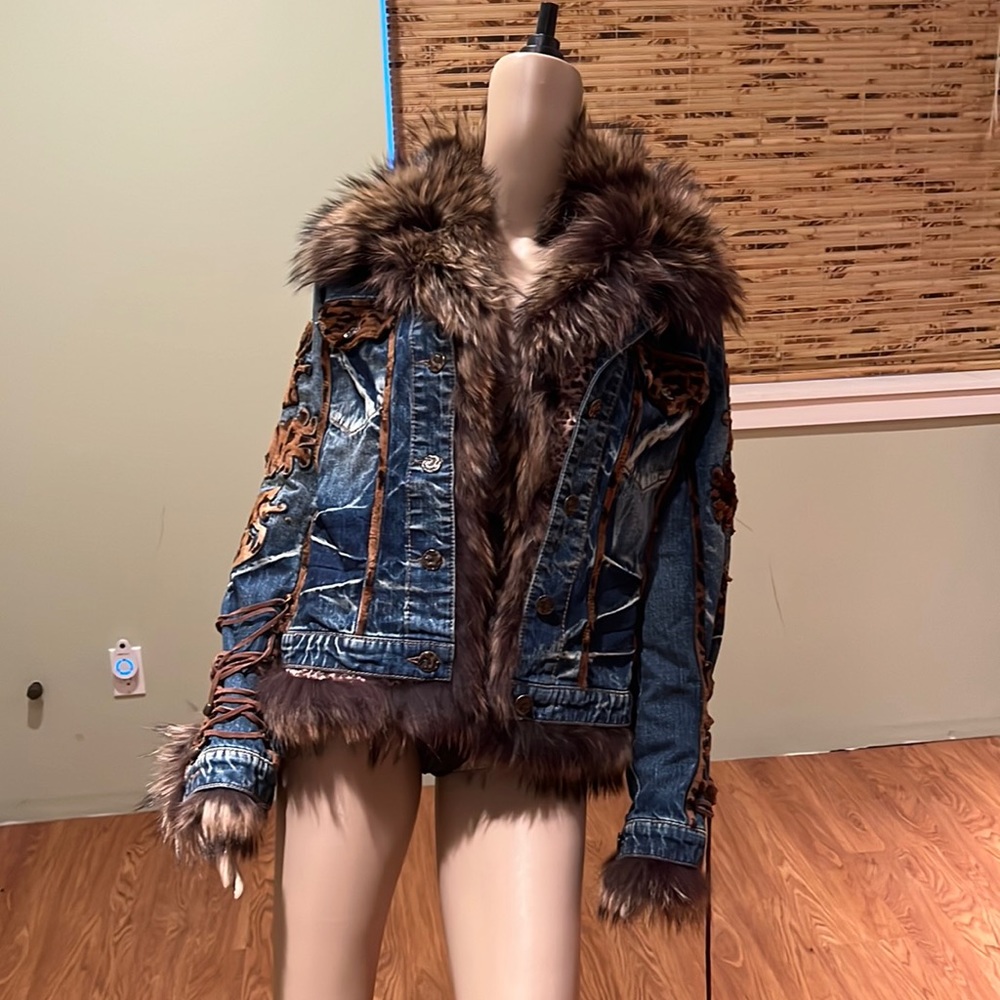 Georgio Rotti Jean Jacket W/ Calf Hair Lacing,  Removable Satin Jacket W/ Fur L